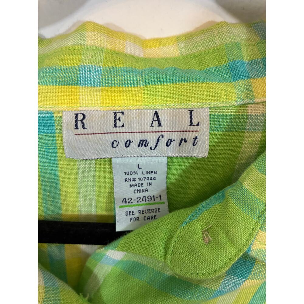 Real Comfort Green Linen Plaid Shirt Lightweight Button Down Casual Minimalist L - Picture 4 of 5